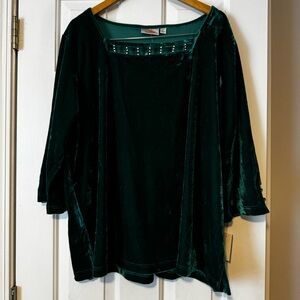 💎 NWT The Quacker Factory Emerald Green Velvet Rhinestone Top - Women's 2X 0517